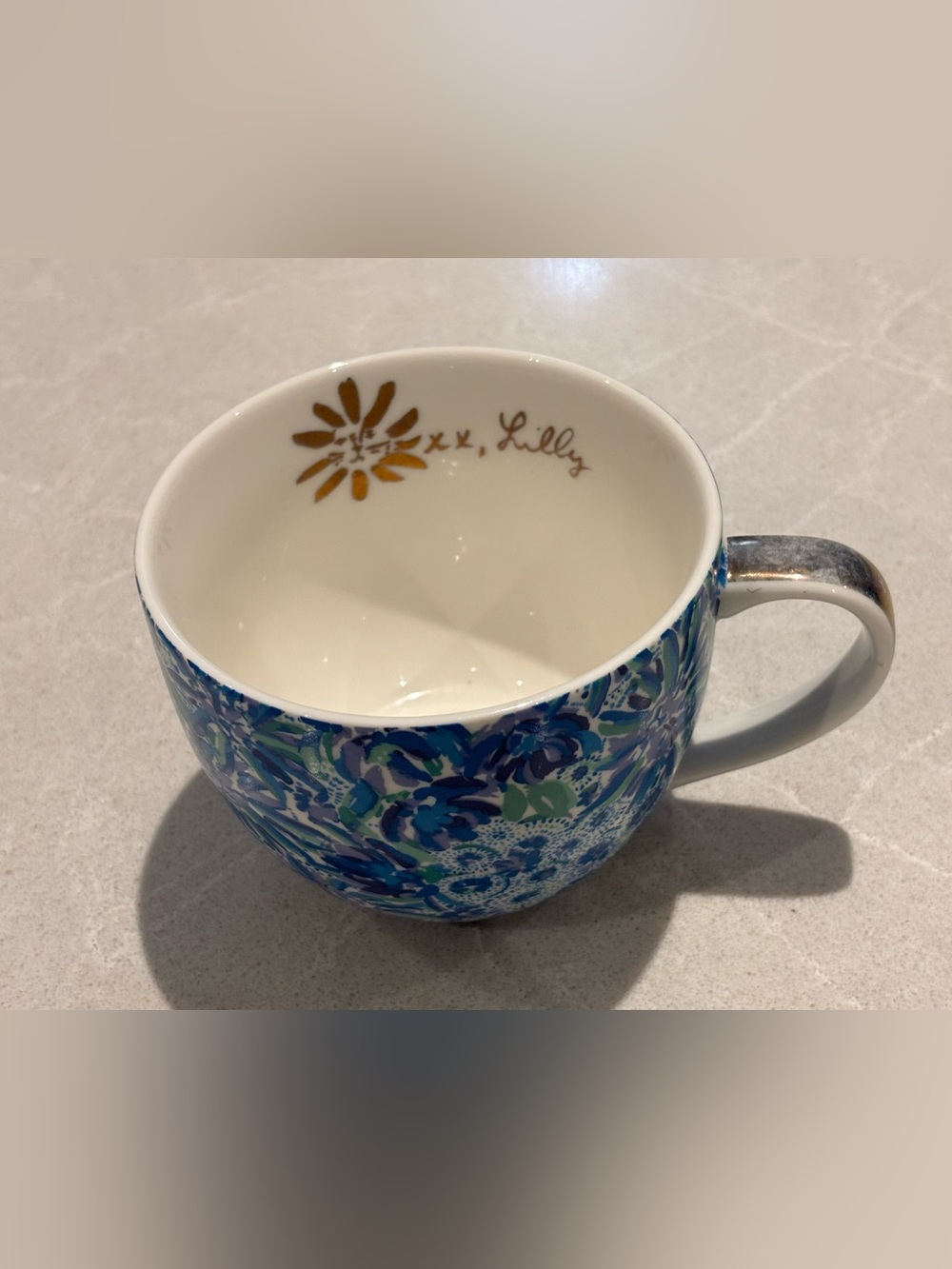 Lilly Pulitzer Blue Floral Ceramic Mug "Lion Around" Gold Handle 12oz Flawed
